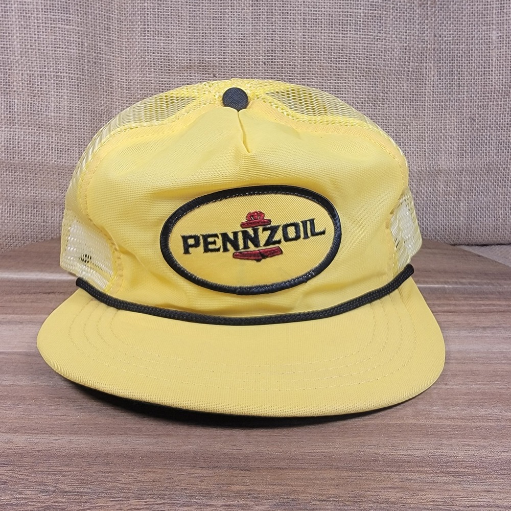 Vintage Pennzoil Mesh Trucker Hat Yellow Snapback USA Made Racing Cap Oil Gas